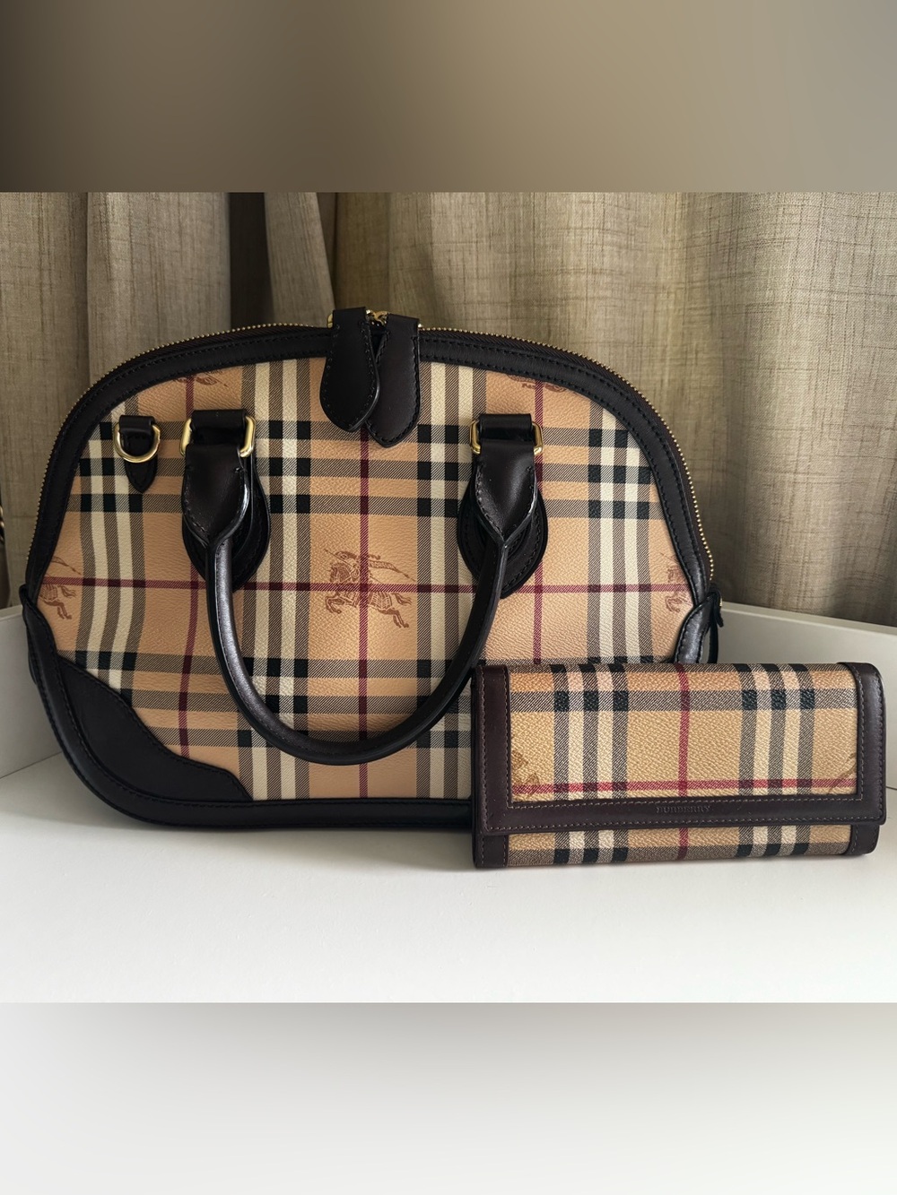 Vintage Burberry Haymarket Check Small Orchard Bowling Bag Chocolate